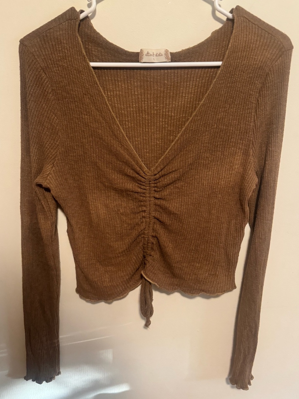 Altar'd State Brown Ribbed Ruched V-Neck Long Sleeve Top